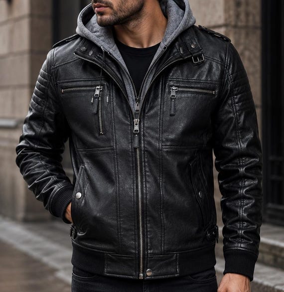 Men's Black Faux Leather Jacket With Removable Hood Motorcycle Bomber Coat