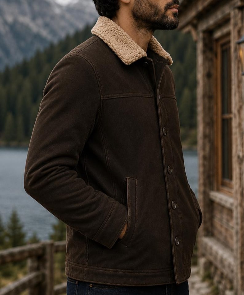 Puede incluir: Chaqueta marr&oacute;n oscuro con cuello de borreguillo beige. La chaqueta tiene cierre de botones, dos bolsillos delanteros y un dise&ntilde;o cl&aacute;sico. La persona est&aacute; de pie afuera cerca de un lago y un edificio de madera.