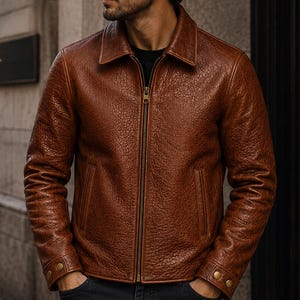 Puede incluir: Chaqueta de cuero marrón con acabado texturizado. La chaqueta tiene cuello, cierre de cremallera frontal y dos bolsillos delanteros. Las mangas tienen puños abotonados. La chaqueta se lleva sobre una camiseta negra.