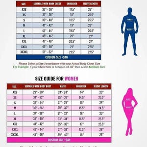Puede incluir: Gu&iacute;a de tallas para hombres y mujeres, con medidas en pulgadas. Incluye detalles de pecho, hombros y largo de manga para varias tallas, de XXS a XXXXL. Con diagramas de siluetas.
