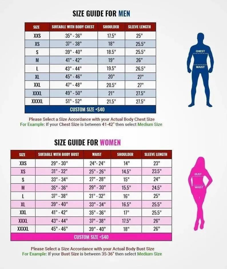 Puede incluir: Gu&iacute;a de tallas para hombres y mujeres, con medidas en pulgadas. Incluye detalles de pecho, hombros y largo de manga para varias tallas, de XXS a XXXXL. Con diagramas de siluetas.