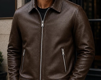 Chaqueta de piel de oveja repujada color marrón café para hombre / Camisa de corte ajustado estilo streetwear con cuello