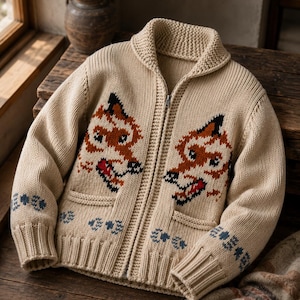 Può includere: Un cardigan beige con zip e collo a scialle. Il maglione lavorato a maglia presenta due disegni a forma di volpe in marrone, nero e rosso sul davanti. Motivi blu e bianchi adornano i polsini e le tasche. Il cardigan è in maglia.