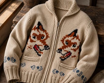 Hand Knit Wolf Cardigan for Men, Hail Project Zip Sweater, Wool Blend Shawl Collar Knitwear, Nordic Winter Jacket