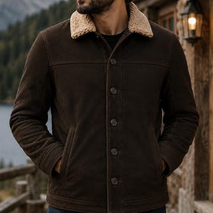Puede incluir: Chaqueta marr&oacute;n oscuro con cuello de sherpa beige. La chaqueta tiene cierre de botones, dos bolsillos delanteros y la lleva una persona con las manos en los bolsillos. El fondo presenta un lago y monta&ntilde;as.