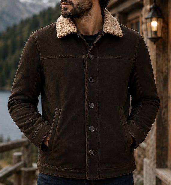 Dark Brown Suede Leather Jacket Men | Sherpa Collar Western Ranch Jacket | Winter Outdoor Gift for Him
