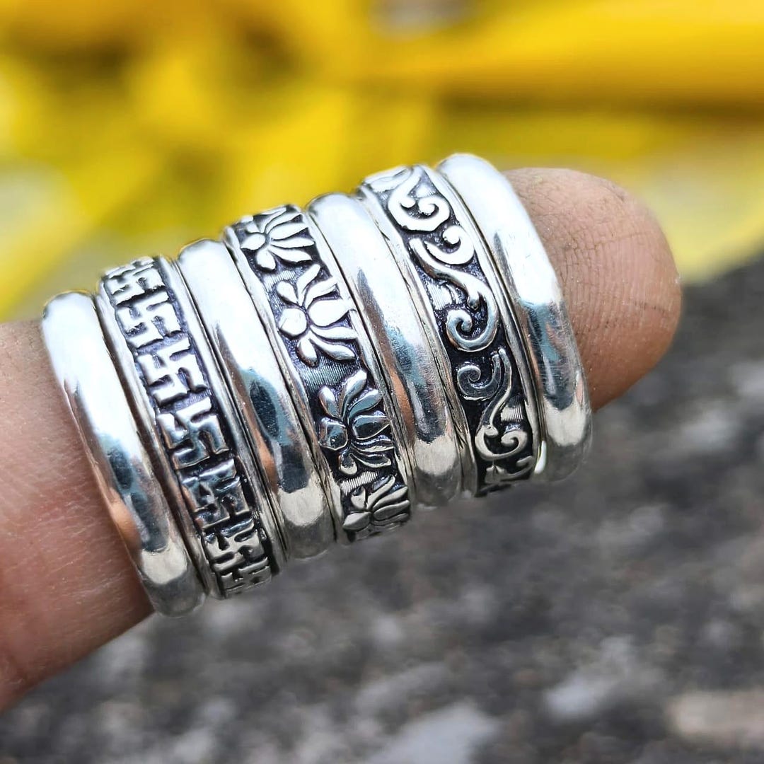 Vintage Sterling Silver Band Ring Set | Tibetan Floral Boho Jewelry ...