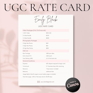 Pink UGC Rate Card Canva Template Influencer Media Kit Creator Pricing List