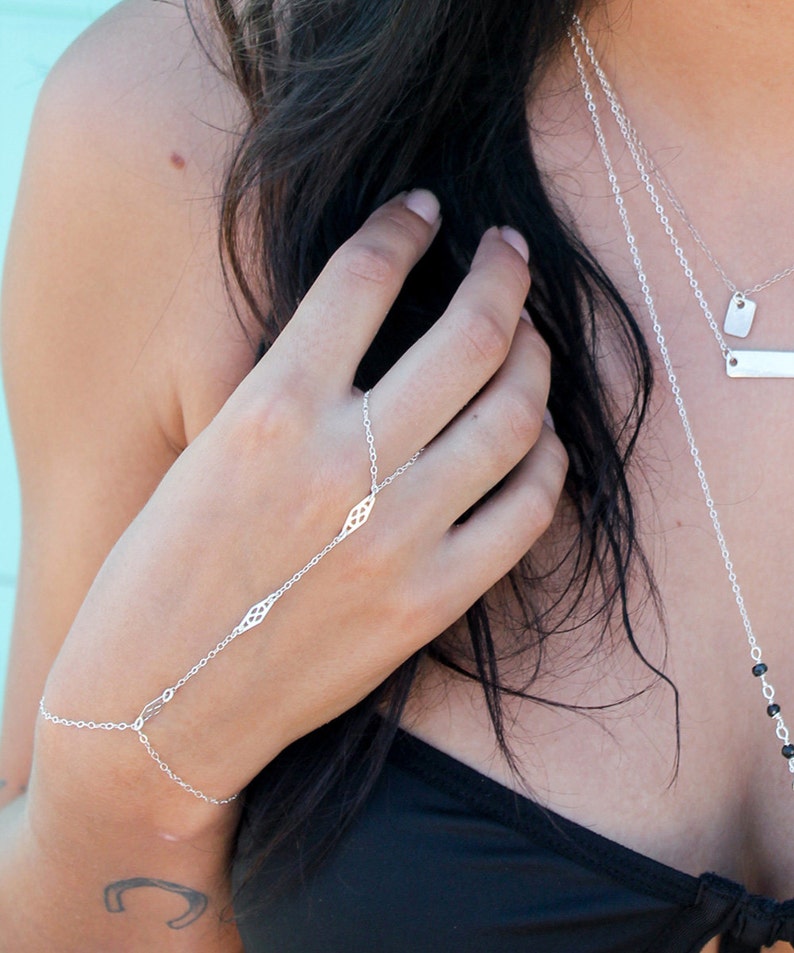 Sterling Silver Ring Bracelet bohemian style body bracelet hand chain bracelet with adjustable wrist