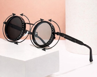 Round Steampunk Sunglasses, Adjustable Tint Rotating Lens, Black Metal Frame, Retro Eyewear