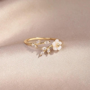 Anillo coreano con forma de flor de concha y hoja: chapado en oro de 14 quilates, ajustable, joyería minimalista.