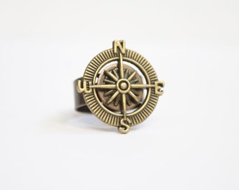 Adjustable Brass Nautical Steampunk Compass Charm Bronze Ring