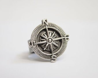 Adjustable Antiqued Brass & Bronze OR Silver Nautical Steampunk Compass Charm Ring