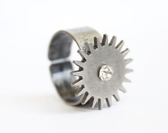 Adjustable Antiqued Silver & Brushed Nickel Steampunk Sprocket Ring w/ Diamond Swarovski Crystal Gem