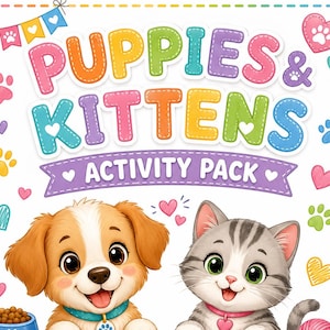 May include: A Puppies & Kittens Activity Pack featuring a cartoon puppy and kitten. The text includes: 14 Colouring Pages, 4 Word Searches, 4 Mazes, 4 Odd One Out, 3 I Spy, 4 Shadow Match, 3 Connect the Dots, 4 Spot the Differences, 4 Colour by Number.