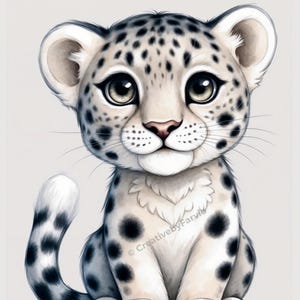 May include: An illustration of a cute snow leopard cub with large, expressive eyes and a sweet expression. The cub has a white coat with black spots and a long, spotted tail. The image is a digital art print.