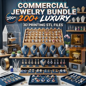 May include: A collection of luxury jewellery, including necklaces, earrings, rings, and bracelets, displayed on blue velvet trays and stands. The image also features 3D printing equipment and the text "COMMERCIAL JEWELRY BUNDLE 200+ LUXURY 3D PRINTING STL FILES".