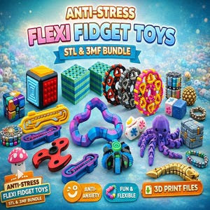 May include: A variety of colourful flexi fidget toys, including cubes, gears, and an octopus, with the text "ANTI-STRESS FLEXI FIDGET TOYS STL & 3MF BUNDLE". The toys are designed for fun and anxiety relief, and are 3D print files.