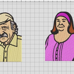 May include: Embroidered patches featuring a man in a tan cap and shirt, and a woman in a pink top and headband. The man has a mustache. The woman has brown hair and a pink headband.