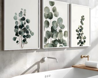 Set di 3 quadri da parete per bagno color verde salvia / Stampe per toilette con eucalipto / Decorazioni botaniche per spa