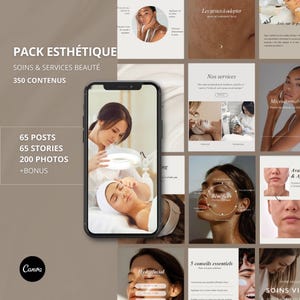 Peut inclure: Un pack de marketing numérique pour les services de beauté, avec un smartphone affichant un traitement facial. L'image comprend du texte tel que "Pack Esthétique", "Soins & Services Beauté" et "Hydrafacial". Des panneaux supplémentaires présentent des conseils de soins de la peau et des détails sur les services.