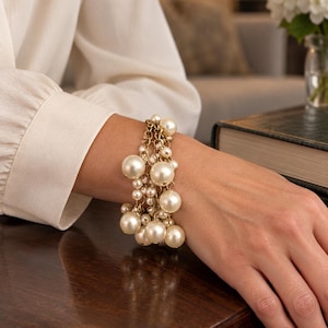 Early 1980s Vintage Faux Pearl Cluster Bracelet, Three Gold-Tone Chains and Adjustable Clasp