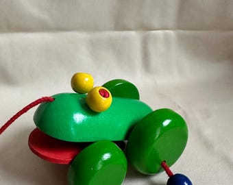 Vintage Selecta Wooden Pull Toy Frog, German Nursery Decor