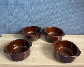 Ramekin Rösler Tettau con manici, set di 4 ciotole marroni in ceramica tedesca, servizio rétro impilabile