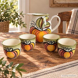 May include: A ceramic pitcher and four matching cups featuring a hand-painted orange pumpkin design with green leaves and black outlines. The set has a cream-colored base with green rim accents, arranged on a wooden surface.