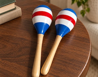 Vintage Hand Painted Wooden Maracas – Blue, White, Red Latin Percussion Instrument