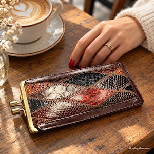 May include: A rectangular wallet featuring a patchwork design of textured, snakeskin-patterned leather in shades of brown, black, red, and cream. The wallet has a dark brown leather border and a gold-toned metal kiss-lock clasp closure.