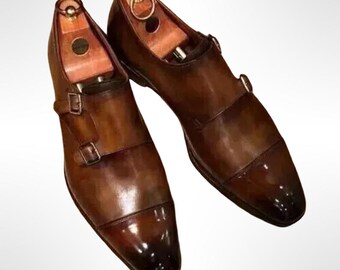 Classic Double Buckle Monk Men's Leather Shoes Patina