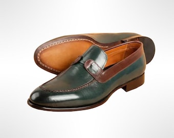 Handmade green Crust Buffalo Leather Loafer shoes .