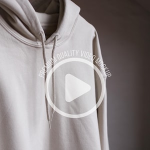 Gildan 18500 Hoodie Sand Real Video Mockup, detailed fabric texture, neckline, stitching, Hood, pockets and natural drape, No AI