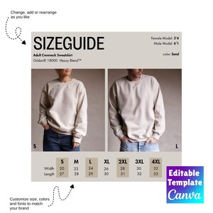 Guía de tallas editable de sudadera Gildan 18000 Sand (tallas S/L), maqueta en video real, sin IA, tabla de comparación de tallas, video, modelo masculino y femenino, unisex. imagen 2