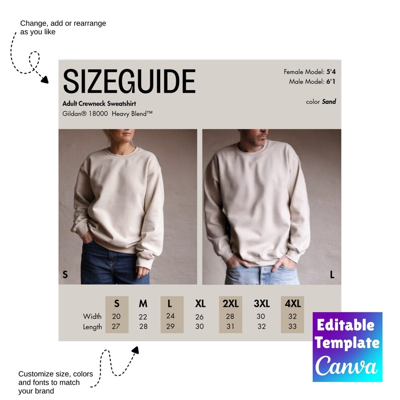 Guía de tallas editable de sudadera Gildan 18000 Sand (tallas S/L), maqueta en video real, sin IA, tabla de comparación de tallas, video, modelo masculino y femenino, unisex. imagen 2