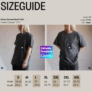 May include: Size guide for a unisex garment-dyed t-shirt in pepper color. The image shows the shirt on a model and size measurements in inches. Sizes range from S to 4XL, with width measurements from 18.25 to 29.75 inches and lengths from 26.6 to 33.5 inches.