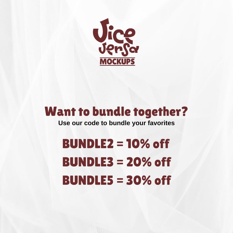 Puede incluir: Gr&aacute;fico promocional con el texto "Jice Jersa MOCKUPS". Se muestra el texto "Want to bundle together?", seguido de c&oacute;digos de descuento: BUNDLE2 = 10% de descuento, BUNDLE3 = 20% de descuento y BUNDLE5 = 30% de descuento.