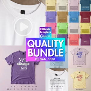 May include: A mockup featuring a variety of Gildan 5000 t-shirts in various colors, including white, purple, and yellow. The image includes the text "Quality Bundle" and "Your design here" on some shirts, with size charts and care instructions.