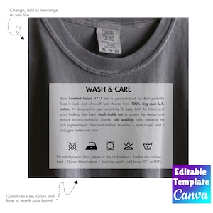 May include: Close-up of a gray Comfort Colors t-shirt with a care label. The label provides washing instructions, including cold washing and tumble drying on low heat. The shirt is garment-dyed for a lived-in look.