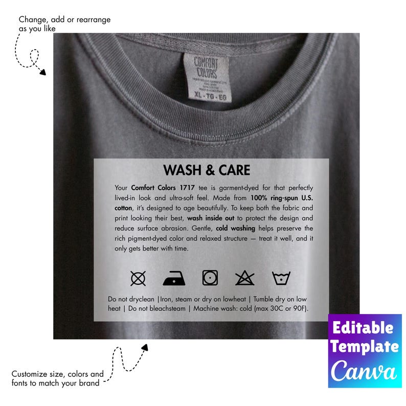 May include: Close-up of a gray Comfort Colors t-shirt with a care label. The label provides washing instructions, including cold washing and tumble drying on low heat. The shirt is garment-dyed for a lived-in look.