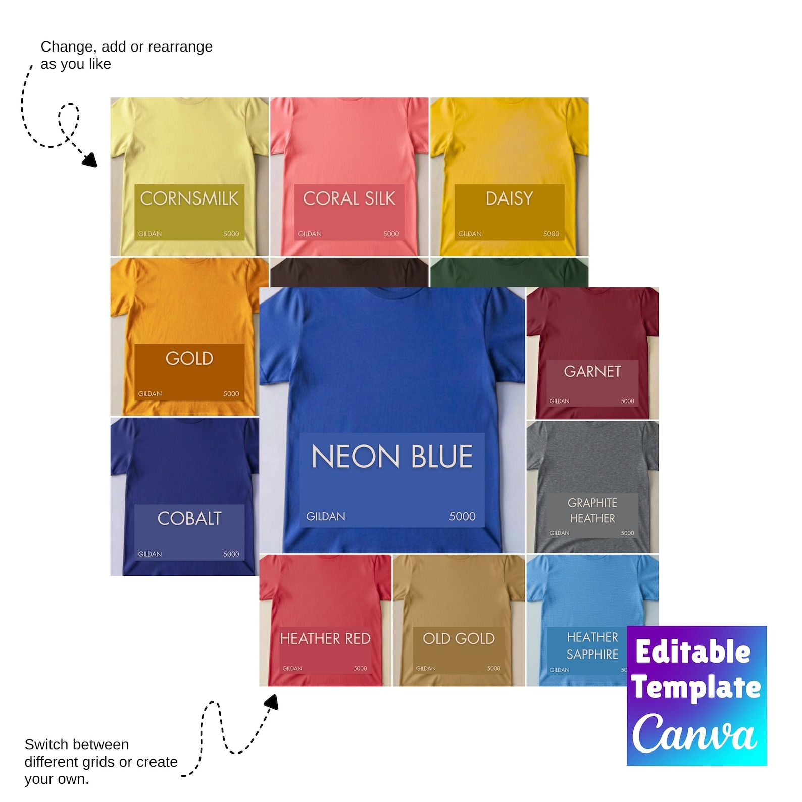 Gildan 5000 Editable Color Chart, Canva Color Chart Template, G5000 ...