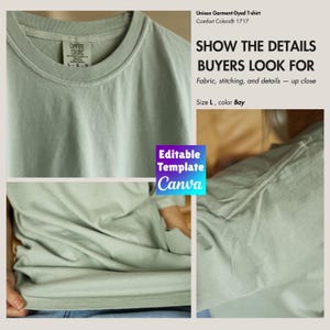 Könnte beinhalten: Nahaufnahmen eines hellgrünen Unisex-T-Shirts, das im Stück gefärbt wurde. Das Shirt hat einen Rundhalsausschnitt und ein Etikett mit der Aufschrift "Comfort Colors". Das Bild enthält auch Text mit der Aufschrift "Zeigen Sie die Details, nach denen Käufer suchen" und "Größe L, Farbe Bay".