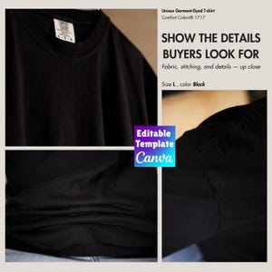 Könnte beinhalten: Schwarzes Unisex-T-Shirt, stückgefärbt. Das Bild zeigt Nahaufnahmen von Stoff und Nähten. Das Shirt hat die Größe L und die Farbe Schwarz. Das Bild enthält auch den Text "SHOW THE DETAILS BUYERS LOOK FOR".