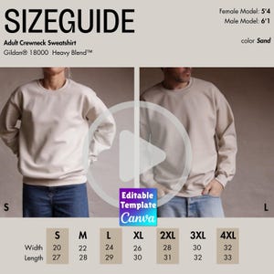 Guía de tallas editable de sudadera Gildan 18000 Sand (tallas S/L), maqueta en video real, sin IA, tabla de comparación de tallas, video, modelo masculino y femenino, unisex. imagen 1