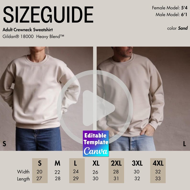 Guía de tallas editable de sudadera Gildan 18000 Sand (tallas S/L), maqueta en video real, sin IA, tabla de comparación de tallas, video, modelo masculino y femenino, unisex. imagen 1