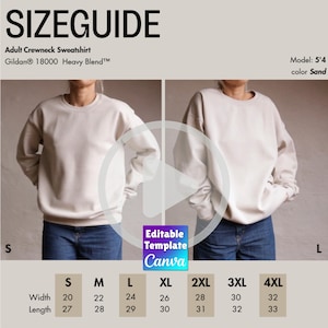 Guía de tallas editable de sudadera Gildan 18000 Sand (tallas S/L), maqueta en video real, sin IA, tabla de comparación de tallas, modelo femenina en video, unisex.