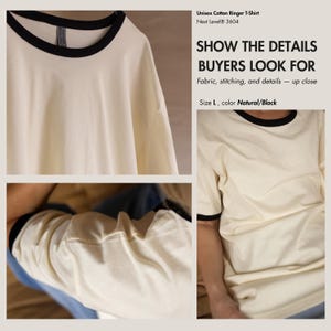 Könnte beinhalten: Cremefarbenes Unisex-Ringer-T-Shirt aus Baumwolle mit schwarzen Abschlüssen an Kragen und Ärmeln. Größe L, hergestellt von Next Level. Das Bild zeigt Nahaufnahmen von Stoff und Nähten.
