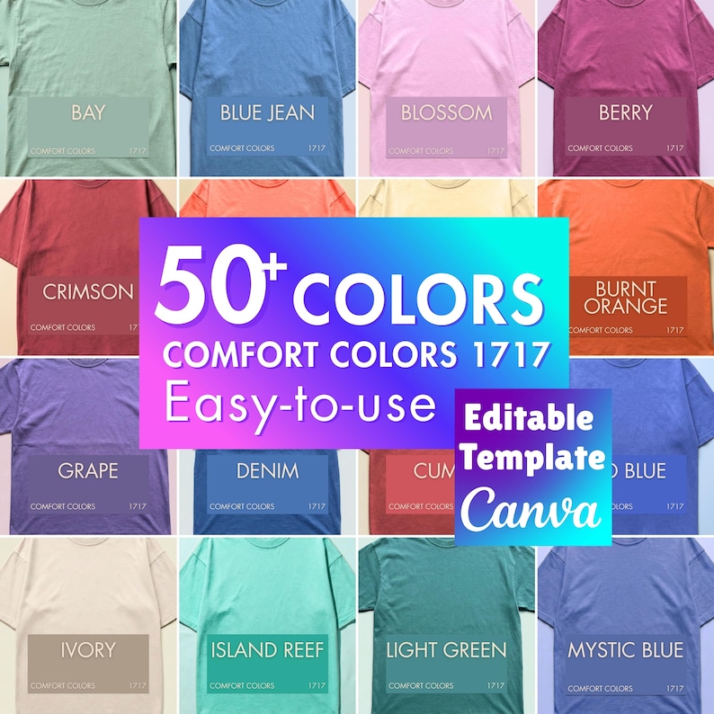 Comfort Colors 1717 Editable Color Chart, Canva Color Chart Template, CC1717 Fabric Texture Color Guide 50+ Colors image 1