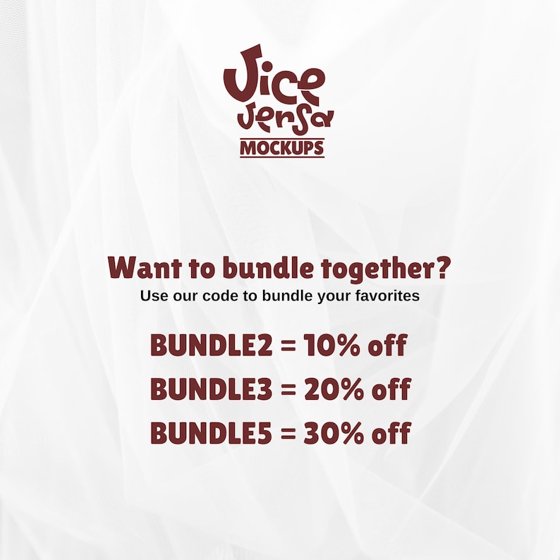 May include: A promotional graphic with the text "Jice Jersa MOCKUPS". The text "Want to bundle together?" is above discount codes: BUNDLE2 = 10% off, BUNDLE3 = 20% off, and BUNDLE5 = 30% off. The background is a light, abstract pattern.